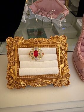 Vintage-Style Gold Ring with Red Stone and Multicolor Accents size 7